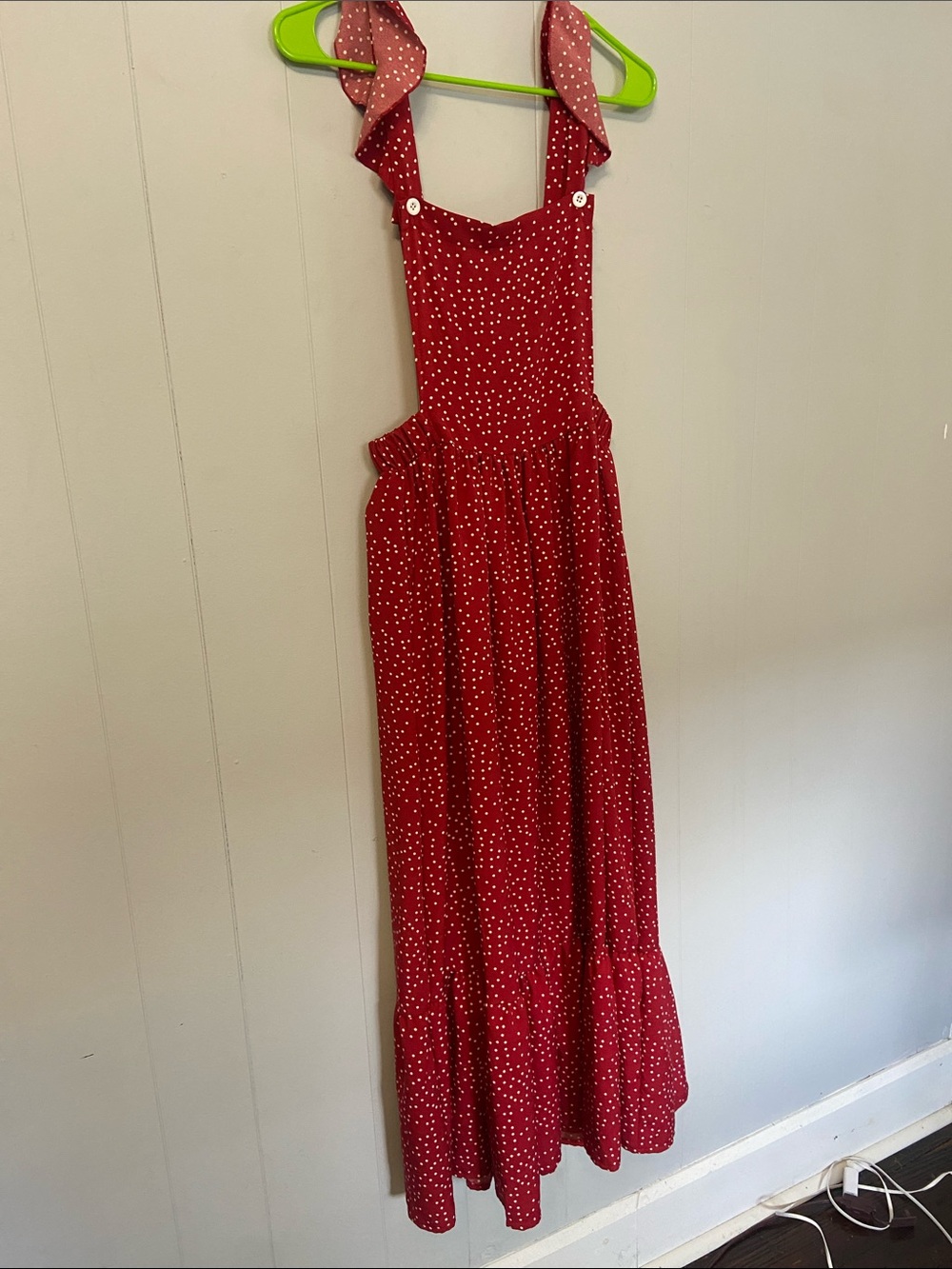 Red Polka Dot Ruffled Overall Maxi Dress
